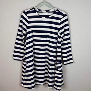 Hanna Andersson Blue White‎ Striped long sleeve Pocket Dress Girls 6-7 Cotton